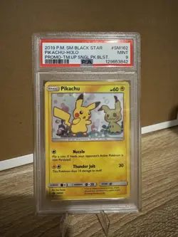 2019 Pokemon Team Up Pikachu Holo Promo #SM162 Black Star Promo Card PSA 9 Mint - Image 1