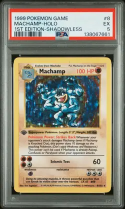 1999 POKEMON GAME 1ST ED-SHADOWLESS #8 MACHAMP-HOLO PSA 5 - Image 1