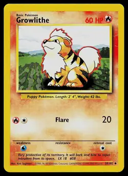 Pokemon Card - Growlithe Base Set 28/102 Uncommon 1999-2000 UK 4th Print - Image 1