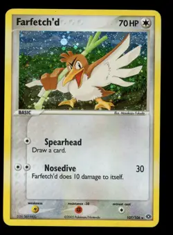 2005 POKEMON EX EMERALD FARFETCH'D 107/106 SECRET RARE HOLO HEAVY PLAYED CREASED - Image 1