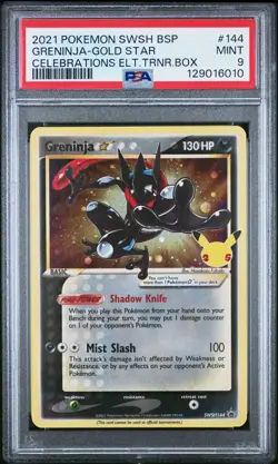 PSA 9 Greninja Gold Star SWSH144 Celebrations ETB Black Star Promo Pokemon Card - Image 1