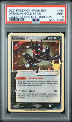 PSA 9 Greninja Gold Star SWSH144 Celebrations ETB Black Star Promo Pokemon Card - Image 1