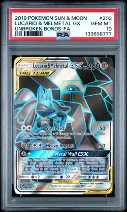 2019 POKEMON SUN & MOON UNBROKEN BONDS FULL ART/LUCARIO & MELMETAL GX PSA 10 - Image 1