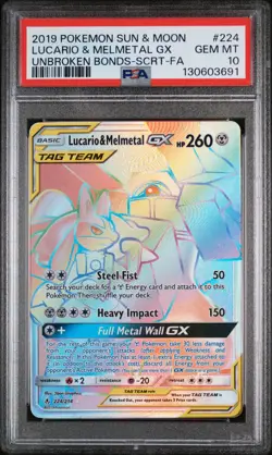 2019 POKEMON SUN & MOON UNBROKEN BONDS FULL ART/LUCARIO & MELMETAL GX PSA 10 - Image 1