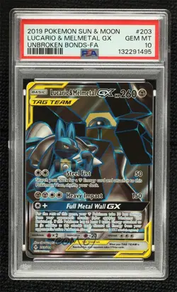 Full Art - Lucario & Melmetal GX Pokemon Sun Moon Unbroken Bonds PSA 10 GEM MT - Image 1
