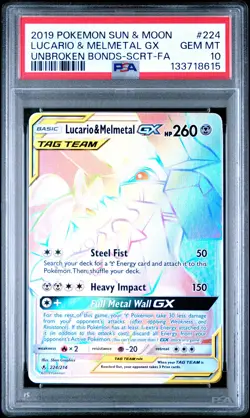 2019 POKEMON SUN & MOON UNBROKEN BONDS FULL ART/LUCARIO & MELMETAL GX PSA 10 - Image 1