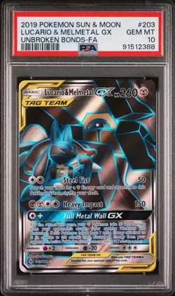 2019 POKEMON SUN & MOON UNBROKEN BONDS LUCARIO & MELMETAL GX #203 PSA 10 - Image 1