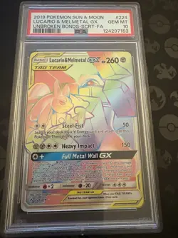 2019 POKEMON SUN & MOON UNBROKEN BONDS FULL ART/LUCARIO & MELMETAL GX PSA 10 - Image 1