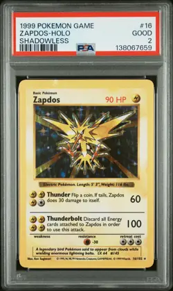 1999 POKEMON GAME SHADOWLESS #16 ZAPDOS-HOLO PSA 2 - Image 1