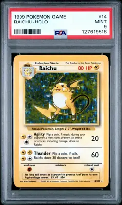 1999 POKEMON BASE SET UNLIMITED #14 RAICHU-HOLO PSA 9 - Image 1