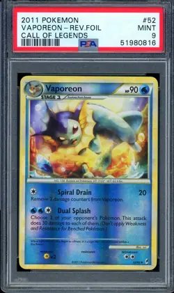 2011 PSA 9 Graded Pokemon Vaporeon 52/95 Call of Legends Reverse Holo - Image 1