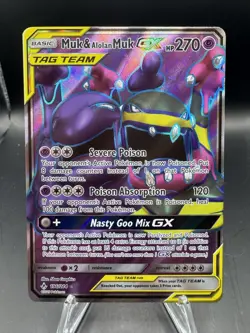 tag team Muk & Alolan Muk GX (Full Art) 196/214 Sm-Unbroken Bonds Holo Pokemon - Image 1