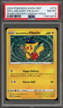 Pokemon Special Delivery Pikachu P.M. Center Canada Holo Promo SWSH074 PSA 8 - Image 1