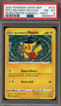 Pokemon Special Delivery Pikachu Pokemon Center Canada Holo Promo SWSH074 PSA 8 - Image 1