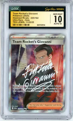 CGC GEM MINT 10 Auto 10 Signed Pokemon Ted Lewis Team Rocket's Giovanni 225/182 - Image 1