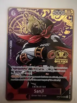 Sanji RARE 2ND ANNIVERSARY GOLD FOIL PROMO ALT ART OP07-064 ONE PIECE TCG NM - Image 1