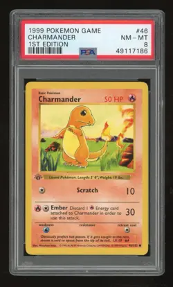 1999 Pokemon 1st Edition Shadowless Charmander #46 PSA 8 Gray Stamp Error - Image 1