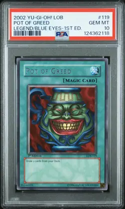 2002 YU-GI-OH! LOB-LEGEND OF BLUE EYES WHITE DRAGON 1ST ED POT OF GREED PSA 10 - Image 1