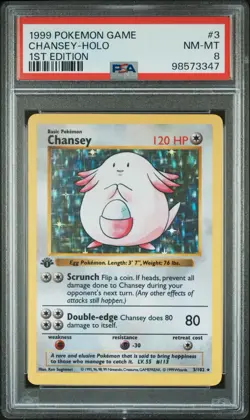 PSA 8 Chansey 3/102 Pokemon Base Set 1st Edition Shadowless 1999 Holo Rare - Image 1