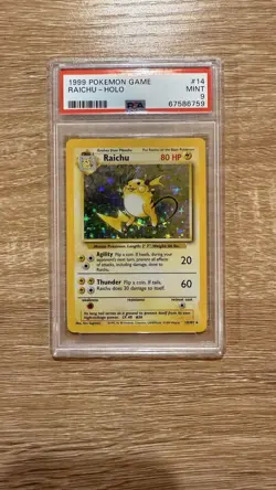 PSA 9 RAICHU - Pokemon Card Unlimited 1999 Base Set #14 HOLO Mint WOTC - Image 1