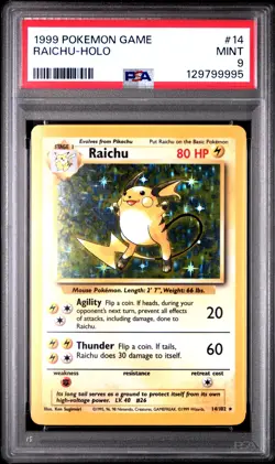 1999 POKEMON BASE SET UNLIMITED #14 RAICHU-HOLO PSA 9 - Image 1