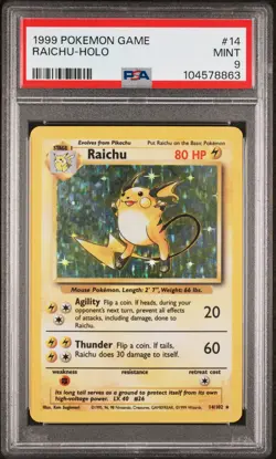 1999 POKEMON BASE SET UNLIMITED #14 RAICHU-HOLO PSA 9 - Image 1