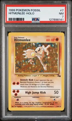 1999 POKEMON FOSSIL #7 HITMONLEE-HOLO PSA 7 - Image 1
