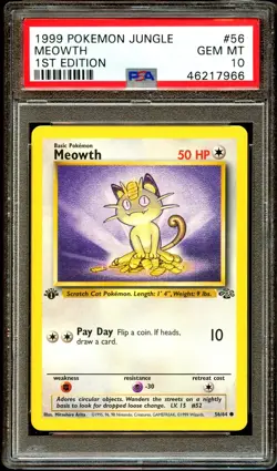 PSA 10 GEM MINT Meowth 56/64 1st Edition Jungle Pokemon Card CS4-966 - Image 1