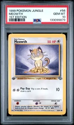 PSA 10 GEM MINT Meowth Jungle 1st Edition 1999 WOTC Vintage Pokemon 56/64 - Image 1