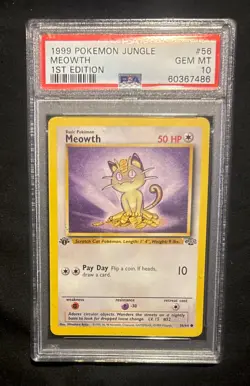 1999 Pokemon Jungle Meowth #56 1st Edition PSA 10 - Image 1