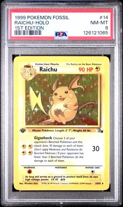 1999 POKEMON FOSSIL 1ST ED #14 RAICHU-HOLO PSA 8 - Image 1