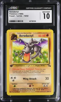 CGC 10 GEM MINT Aerodactyl 1999 Fossil 1st Edition 16/62 Pokemon Card - Image 1