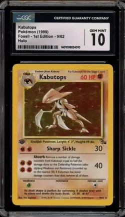 Pokemon Kabutops Fossil 1st Edition Holo Rare #9 CGC 10 Gem Mint - Image 1