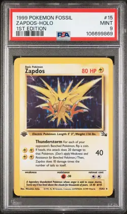 1999 POKEMON FOSSIL 1ST ED #15 ZAPDOS-HOLO PSA 9 - Image 1