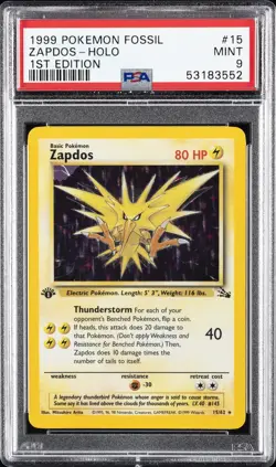 1999 POKEMON FOSSIL 1ST ED #15 ZAPDOS-HOLO PSA 9 - Image 1