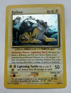 Pokemon TCG Neo Revelation Unlimited Card Raikou 13/64 Holo Rare LP - Image 1