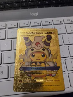 Pikachu Mega Ampharos Cosplay Gold Foil Pokemon Card Fan Art Card HP610 - Image 1
