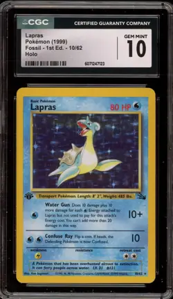 Pokemon Lapras Fossil 1st Edition Holo Rare #10 CGC 10 Gem Mint - Image 1