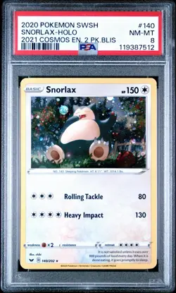 2020 Pokemon Snorlax - Cosmos Holo 140/202 Blister Exclusives Holo PSA 8 NM-MT - Image 1