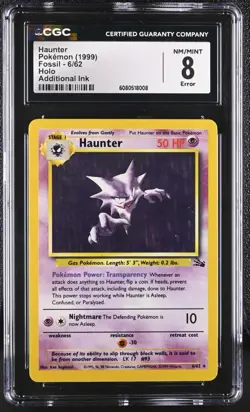 Pokemon CGC 8 Haunter Holo - Fossil Unlimited 6/62 - Additional Ink Error - Image 1