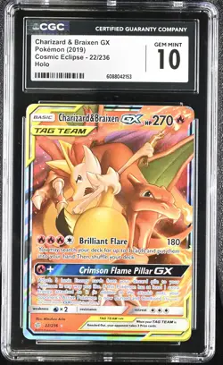 CGC 10 GEM MINT Charizard & Braixen GX Cosmic Eclipse 22/236 Holo Pokemon Card - Image 1