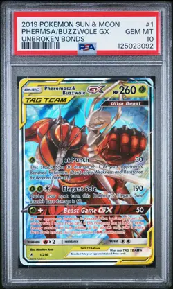 PSA 10 Pokemon 2019 S&M Unbroken Bonds Pheromosa & Buzzwole GX 1/214 Tag Team - Image 1
