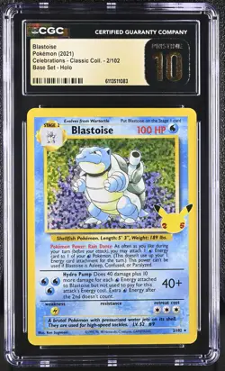 CGC 10 PRISTINE Blastoise 2/102 Celebrations Classic Collection Pokemon Card - Image 1