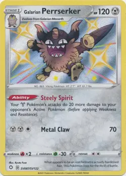 Galarian Perrserker SV087/SV122 Shiny Holo Rare Shining Fates Pokemon TCG - Image 1