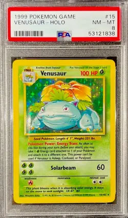 Venusaur Holo 15/102, Pokemon Base Set Unlimited PSA 8 - Image 1