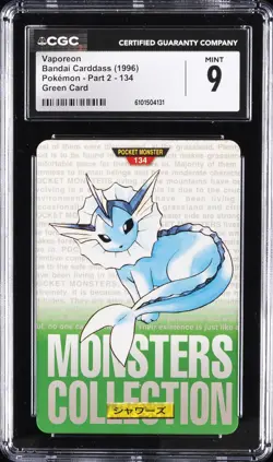 1996 BANDAI CARDDASS POKEMON PART 2 GREEN CARD #134 VAPOREON CGC 9 - Image 1
