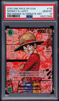 2025 ONE PIECE OP-13 MONKEY D LUFFY ENGLISH RED MANGA ALT ART PSA 10 AL2 - Image 1