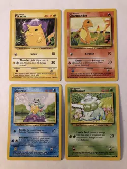 Pokemon Base Set Starters Lot: Pikachu, Squirtle, Bulbasaur, Charmander 1 - Image 1