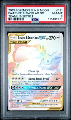 2019 POKEMON SUN & MOON TEAM UP SECRET #191 FULL ART/EEVEE & SNORLAX GX PSA 8 - Image 1