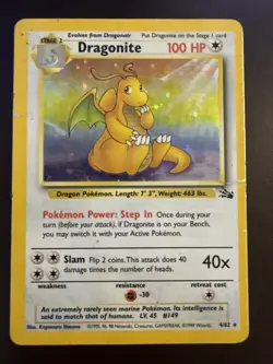 Pokemon TCG 1999 Fossil Dragonite Holo Rare Card Unlimited #4/62 Vintage - Image 1